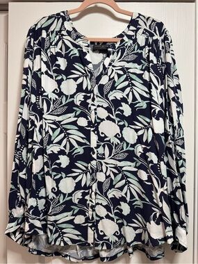 Lane Bryant Navy Floral Button-Front Blouse with Mint Accents